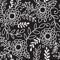 Doodle peony flowers vector seamless pattern. Black and white hand drawn floral background