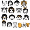 Doodle people faces. Hand drawn man and woman avatars, cute animals. Artisitic design elements