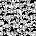 Doodle people pattern. Hand drawn male and female crowd hipster man and woman portraits modern human square background line