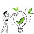 doodle person holding bulb with plant inside hand drawn style