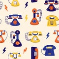 Doodle phones pattern. Seamless print with vintage telephones with spiral cords, number pad dials and headsets. Vector