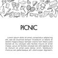 Doodle summer picnic banner with free place for text at the bottom on white background. Hand drawn barbecue and relax Royalty Free Stock Photo