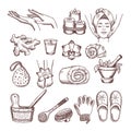 Doodle pictures set for relaxing or massage spa salon. Aromatherapy illustrations