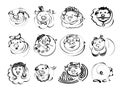 Doodle pigs and boars character icons for Chinese New Year 2019. Vector sketch line illustration for cute funny holiday avatar
