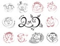 Doodle pigs and boars character icons for Chinese New Year 2019.