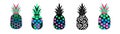 Doodle pineapple set. Modern fruit collection. Isolated illustrations on a white background. Vector illustration. Royalty Free Stock Photo