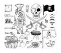 Doodle pirate elememts, vector illustration. Royalty Free Stock Photo