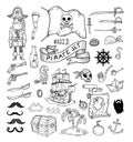 Doodle pirate elememts, vector illustration. Royalty Free Stock Photo