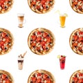 Doodle pizza seamless pattern background. Fast food seamless pattern Royalty Free Stock Photo
