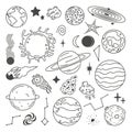 Doodle Planets, Space Sketch Planet And Stars. Astronomy Icons, Abstract Sun, Moon And Earth. Solar System, Celestial