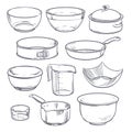 Doodle plastic and glass bowls, pot and frying pan. Vintage hand drawn vector cookware isolated