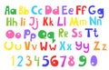 Doodle playful abc cartoon funny style colorful numbers, small and capital letters of English alphabet Royalty Free Stock Photo