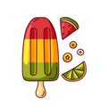 Doodle popsicle with slice of watermelon, citrus, berries
