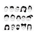 Doodle portraits girls and guys. Trendy hand drawn icon collection. Black and white vector illustration.