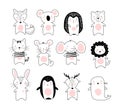 Doodle poster with cute animals. A collection of animals in a modern Scandinavian Nordic style. Black and white line Royalty Free Stock Photo