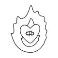 Doodle of psychedelic one-eyed heart in the flame with hand drawn with outline. Aesthetic hippy sticker in retro style Royalty Free Stock Photo
