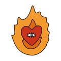 Doodle of psychedelic one-eyed heart in the flame with hand drawn with outline. Aesthetic hippy sticker in retro style