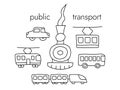 Doodle public transport set. Car, bus and tram. Ropeway. Train and wagons. Street transport. Moving around the city.