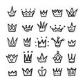 Doodle queen crowns. Logo prince crown, black royal signs. King tiara, sketch crowned elements. Hand drawn baby princess