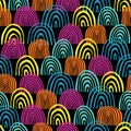 Doodle rainbow seamless vector pattern. Teal, blue, pink and orange half circles on black background. Textured backdrop. Hand Royalty Free Stock Photo
