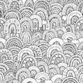 Doodle rainbows black and white seamless pattern. Fantasy coloring page for adults and kids