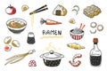 Doodle Ramen. Chinese hand drawn noodle soup with food sticks bowls and ingredients. Vector Asian food sketch set