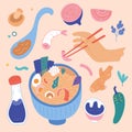 Doodle Ramen. Various noodles, saoy sauce, ingredients and chopsticks and other objects. Hand drawn vector set. All Royalty Free Stock Photo