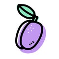 Doodle ripe plum. Violet berry with leaf