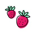 Doodle ripe strawberry. Pink berries with leaves