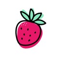 Doodle ripe strawberry. Pink berry with leaves