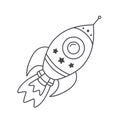 Doodle rocket. Cartoon spaceship. Hand drawn celestial outline icon of spacecraft