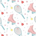 Doodle roller and tennis racket cool modern texture. Happy teen lollipop and sweets pattern. Hobby childhood sports lifestyle