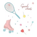 Doodle roller and tennis racket cool modern texture. Happy teen lollipop and sweets print. Hobby childhood sports lifestyle print