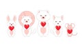 Doodle romantic animals. Cartoon pets with red hearts standing in row. Cute mouse and kitten. White fox or funny bear
