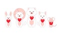 Doodle romantic animals. Cartoon pets with red hearts standing in row. Cute mouse and kitten. White fox or funny bear. Baby