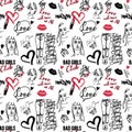 Doodle romantic pattern in girlish style with pop art lips, text, heart,graffity