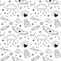 Doodle romantic seamless pattern. Black and white hearts, love, cloud, wings