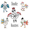 Doodle rooster birds vector set. Funny in hand drawn, sketch style, design elements Royalty Free Stock Photo