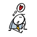 Doodle sad stickman with a broken heart sits on the ground and thinks about love. Vector illustration of a cartoon man Royalty Free Stock Photo