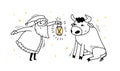 Doodle Santa and the bull. Santa Claus leans forward with a lantern in hand and looks at the bull that sits in front of Santa.