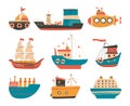 Doodle scandinavian style childish ship. Sailboat and submarine, isolated kids marine transport clipart. Cartoon yacht