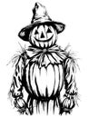 Doodle scarecrow scarecrow from pumpkin on white background, sketch vector Royalty Free Stock Photo