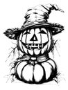 Doodle scarecrow scarecrow from pumpkin on white background, sketch vector Royalty Free Stock Photo