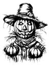 Doodle scarecrow scarecrow from pumpkin on white background, sketch vector Royalty Free Stock Photo