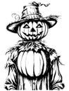 Doodle scarecrow scarecrow from pumpkin on white background, sketch vector Royalty Free Stock Photo