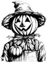 Doodle scarecrow scarecrow from pumpkin on white background, sketch vector Royalty Free Stock Photo