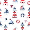 Doodle sea seamless pattern. Nautical vector illustration with cartoon boat, lighthouse and lifebuoy Royalty Free Stock Photo