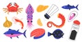 Doodle seafood animals. Cartoon oyster crayfish octopus lobster tuna shellfish products for restaurant menu fish market