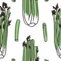 Doodle seamless pattern celery. Hand drawn stylish fruit and vegetable. Vector artistic drawing fresh organic food. Summer