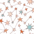 Doodle seamless pattern with colorful outline stars and constellations Royalty Free Stock Photo